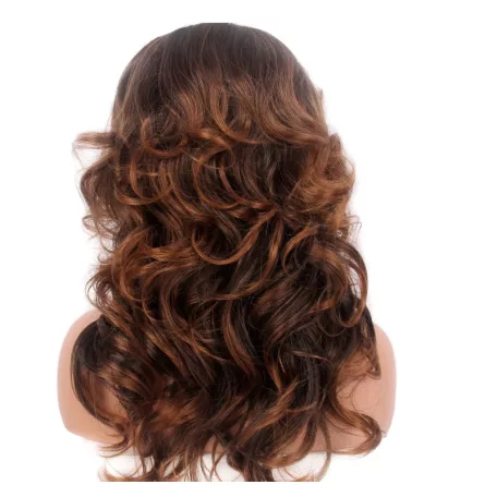 13/A , GESZTENYEBARNA GYÖNYÖRŰ SELYMES, HULLÁMOS MELÍROZOTT PARÓKA, VALÓDI HAJ FELHASZNÁLÁSÁVAL