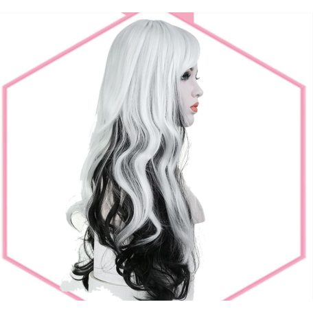 17, TRENDI FEKETE-FEHÉR HOSSZÚ COSPLAY PARÓKA, Kb.60 cm.
