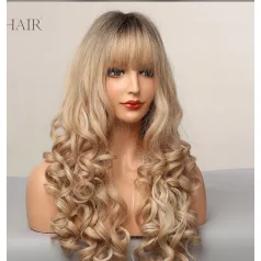   10/J, ELEGÁNS TERMÉSZETES-SZŐKE HULLÁMOS OMBRE (tövénél sötétebb) PARÓKA,VALÓDI HAJ FELHASZNÁLÁSÁVAL