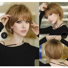   BABI 9/A, EGYSZERŰEN ELEGÁNS VILÁGOSBARNA BUBI PARÓKA, VALÓDI HAJ FELHASZNÁLÁSÁVAL