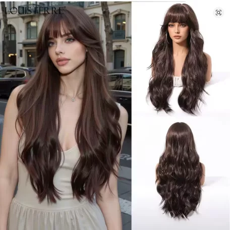 KÜLÖNLEGESEN SZÉP, SÖTÉT MÉLY-BARNA TERMÉSZETES HULLÁMOS PARÓKA, VALÓDI HAJ FELHASZNÁLÁSÁVAL!